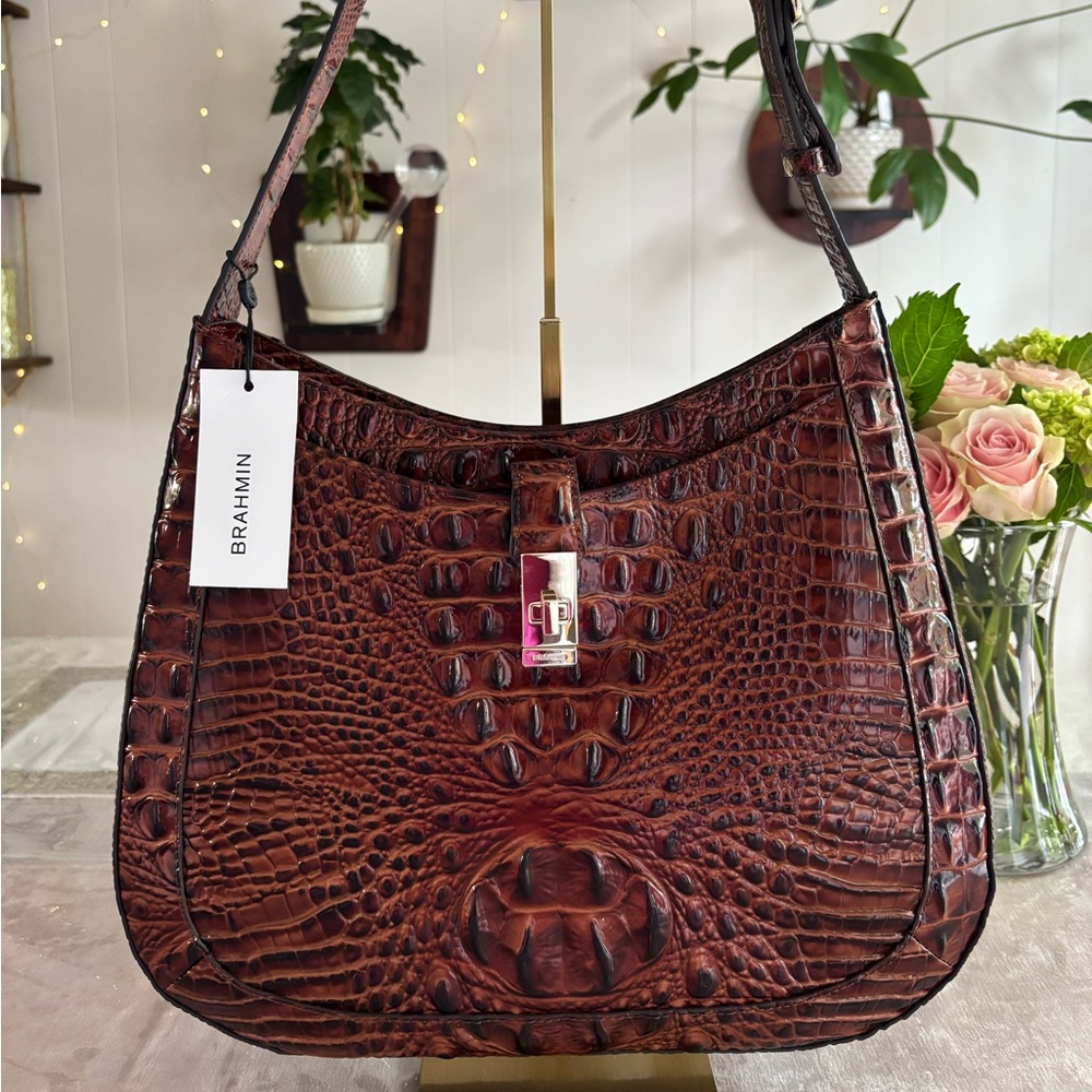 NWT Brahmin Johanna in Rich Brown Croc-Embossed Shoulder Bag